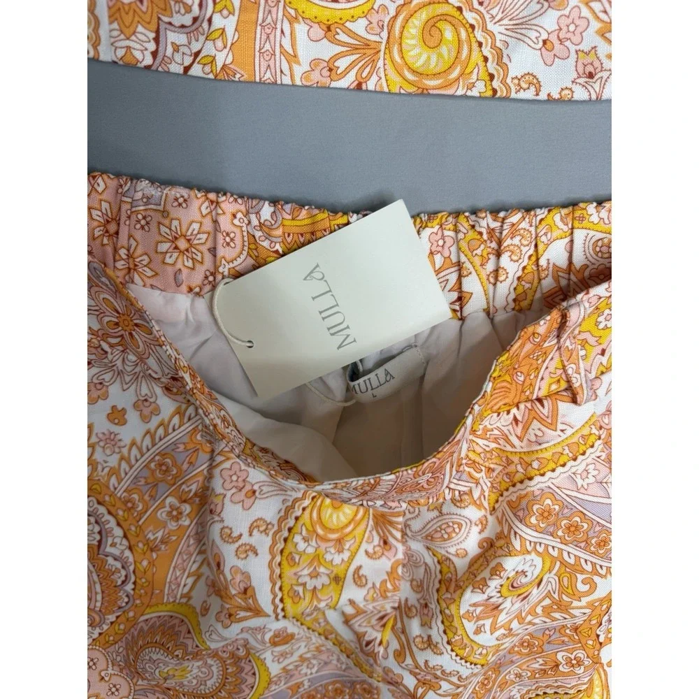 Mulla Linen Paisley Crop Top and Shorts Set L Orange White W/Belt Lined Party